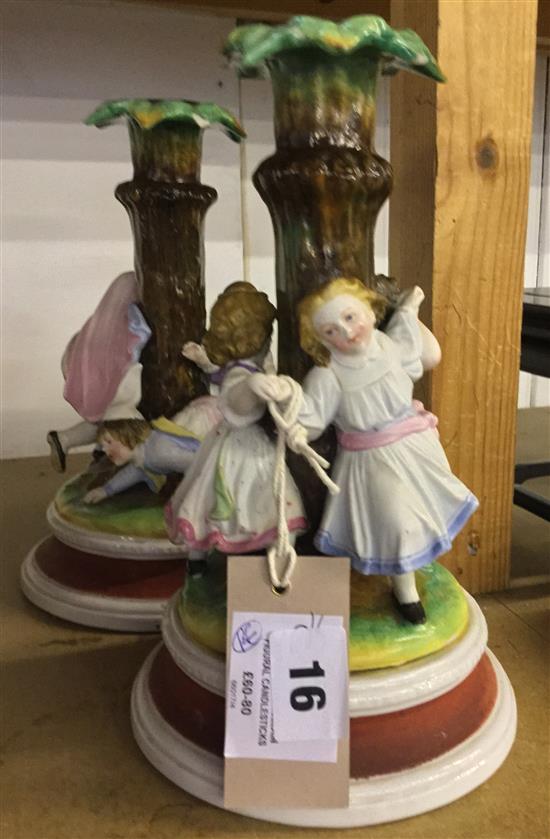 Pair Paris porcelain figural candlesticks